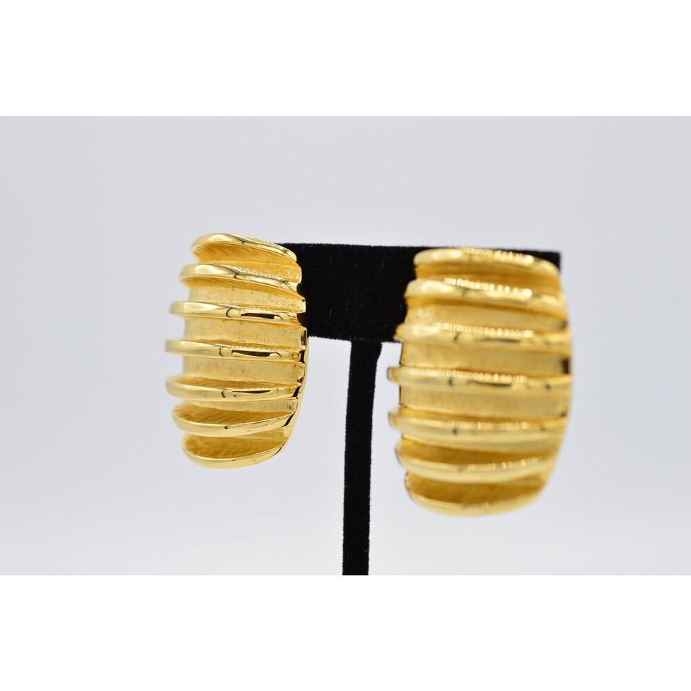 Givenchy Vintage Clip On Earrings Ribbed Chunky Heavy Gold Signed NOS 1980s BinX - Picture 2 of 12